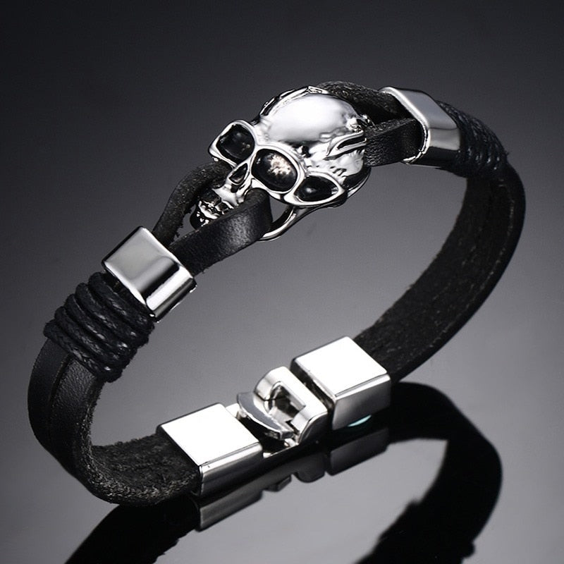 Punk Rock Mens Black Durable Leather Bracelets Gothic Skull Cuff Bangle Skeleton Charm Pulseiras Masculinas