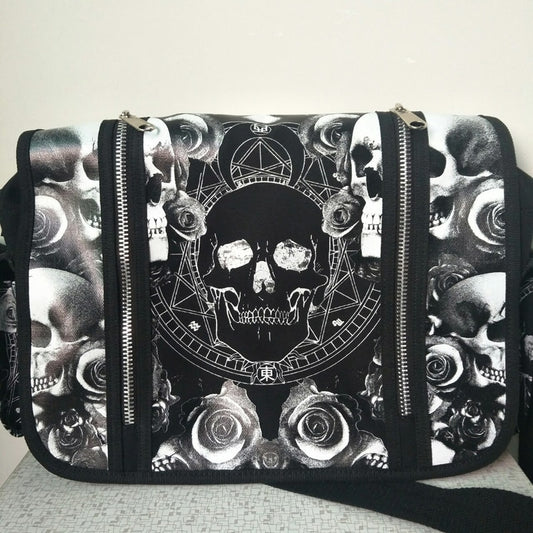 Skulls Roses Black & White Illuminati Gothic Waterproof Shoulder Cross Messenger School Work Bag