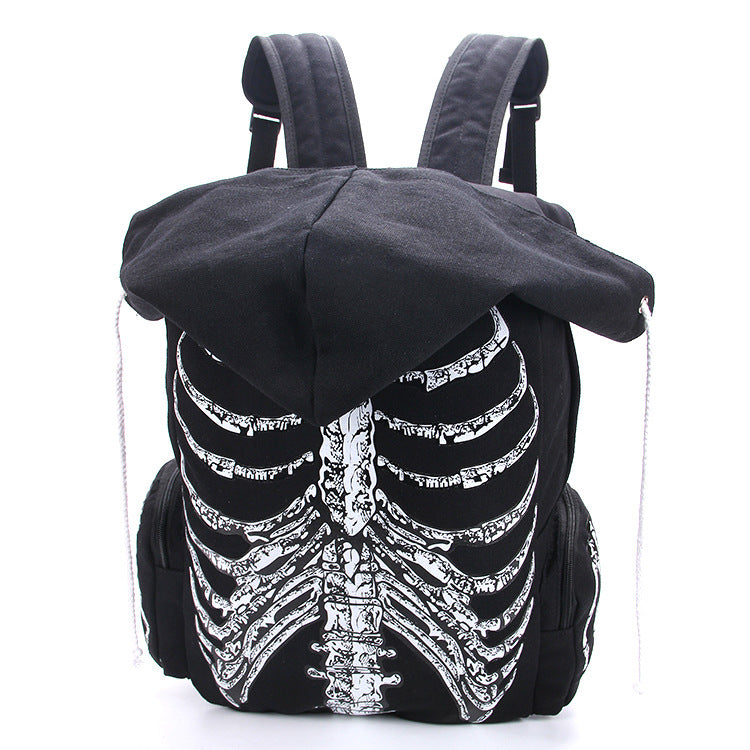 Men Women Unisex Skull Skeleton Printed Bag School Travel Book Bag Gothic Punk Street Style With Hat Hoodie Bag Gift