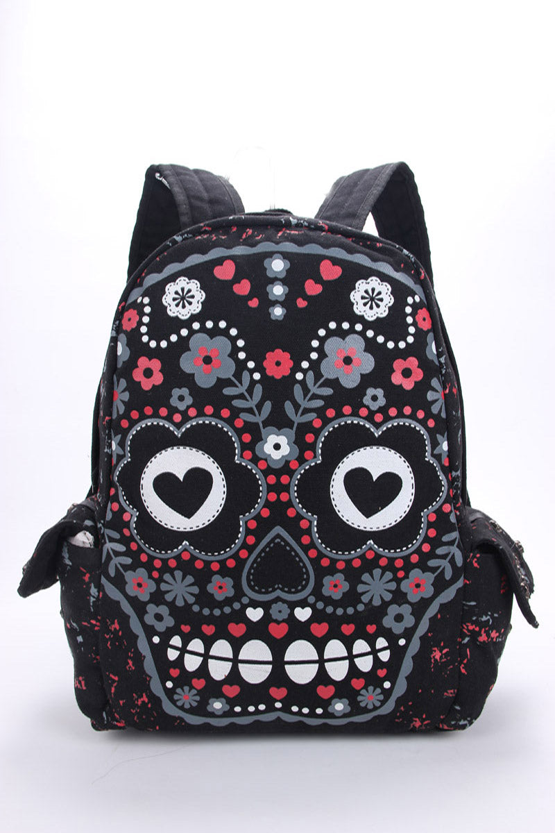 Men Women Unisex Sugar Flower Printed Skull Gothic Emo Punk Backpack Rucksack School Bag Pink Waterproof Mochila