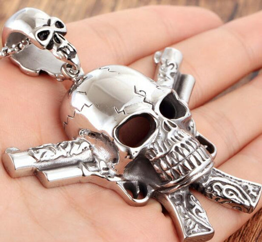 Jewelry Silver Stainless Steel  Biker Skull Skeleton with Two Gun Necklace