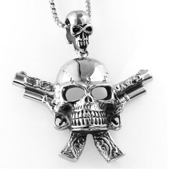 Jewelry Silver Stainless Steel  Biker Skull Skeleton with Two Gun Necklace