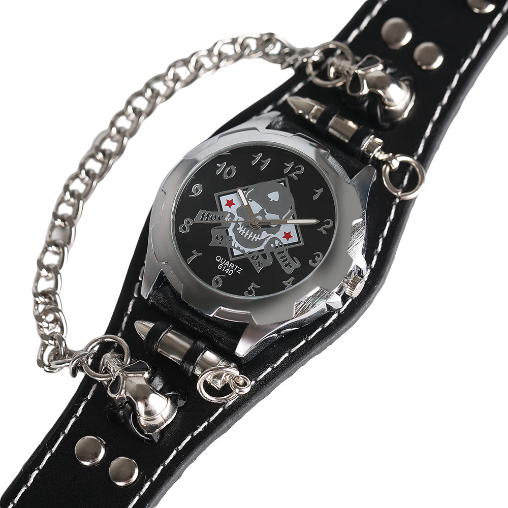 Men's Gothic Style Skull Wrist Watch Stylish Bullet Special Design Leather Band Quartz Watches With Skeleton Skull Bracelet Gift