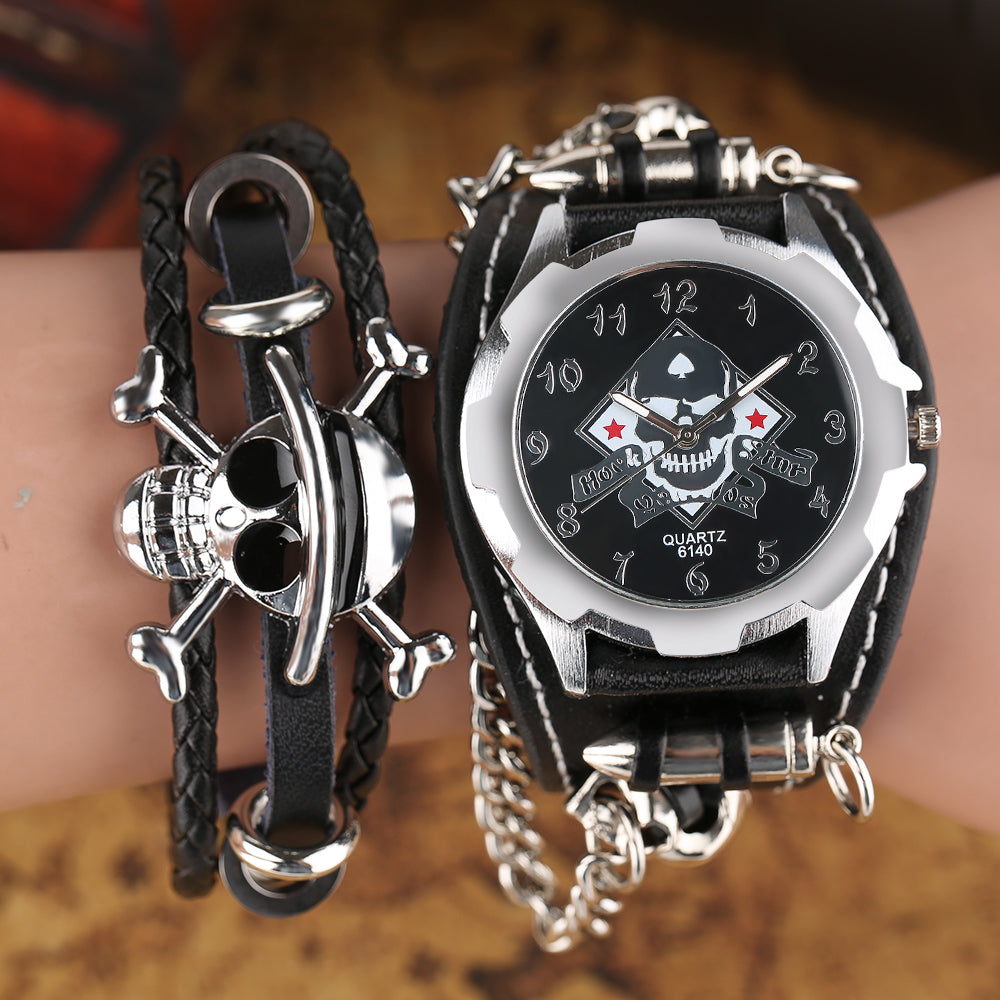 Men's Gothic Style Skull Wrist Watch Stylish Bullet Special Design Leather Band Quartz Watches With Skeleton Skull Bracelet Gift