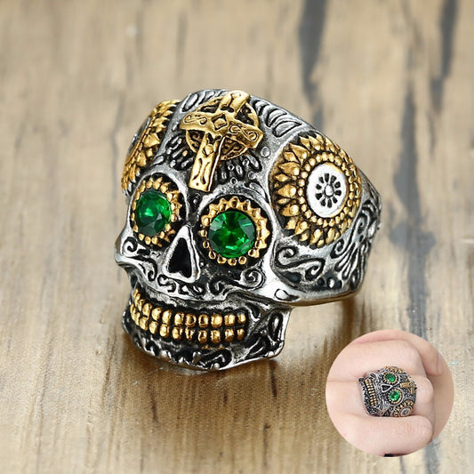 Men's Mexican Sugar Skull Ring Punk Green Eyes Gold Teeth Rings with Gothic Cross for Men Stainless Steel Biker Male Jewelry