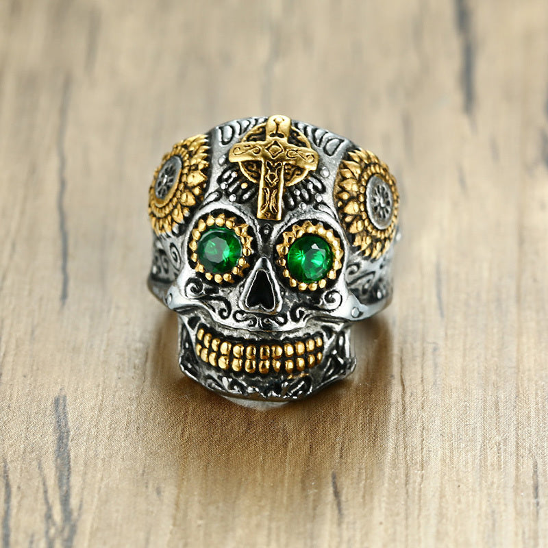 Men's Mexican Sugar Skull Ring Punk Green Eyes Gold Teeth Rings with Gothic Cross for Men Stainless Steel Biker Male Jewelry