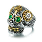 Men's Mexican Sugar Skull Ring Punk Green Eyes Gold Teeth Rings with Gothic Cross for Men Stainless Steel Biker Male Jewelry