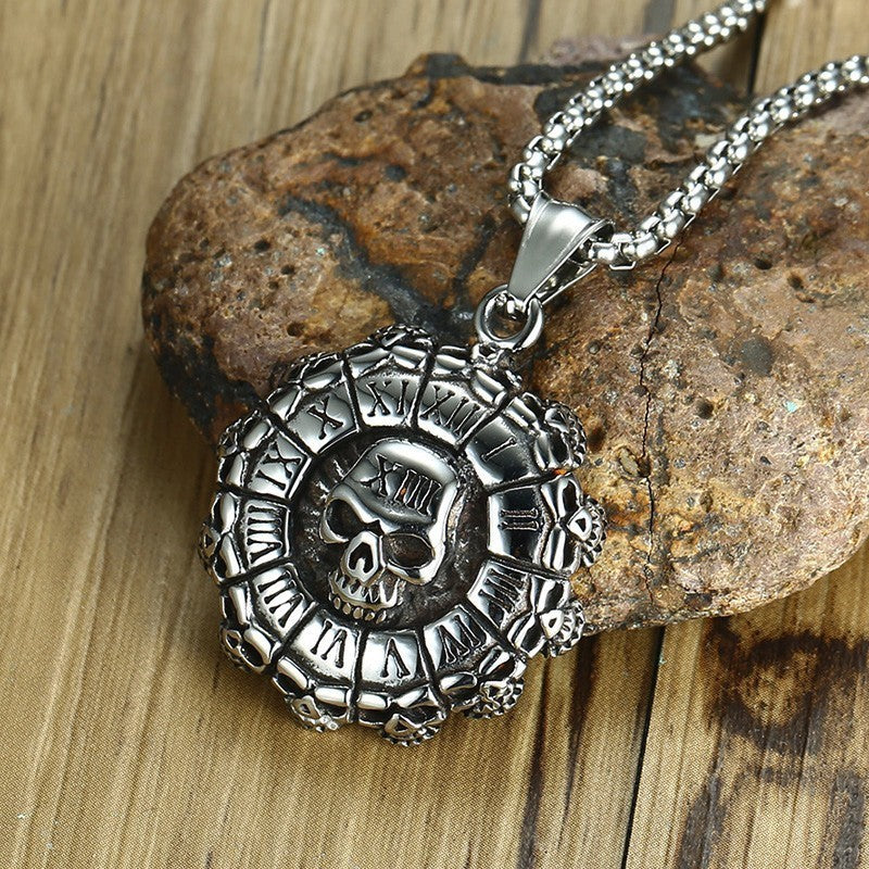 Men's Punisher Skull and Roman Numerals Pendant Necklace for Men Stainless Steel Vintage Style Punk Biker Male Jewelry 24 inch