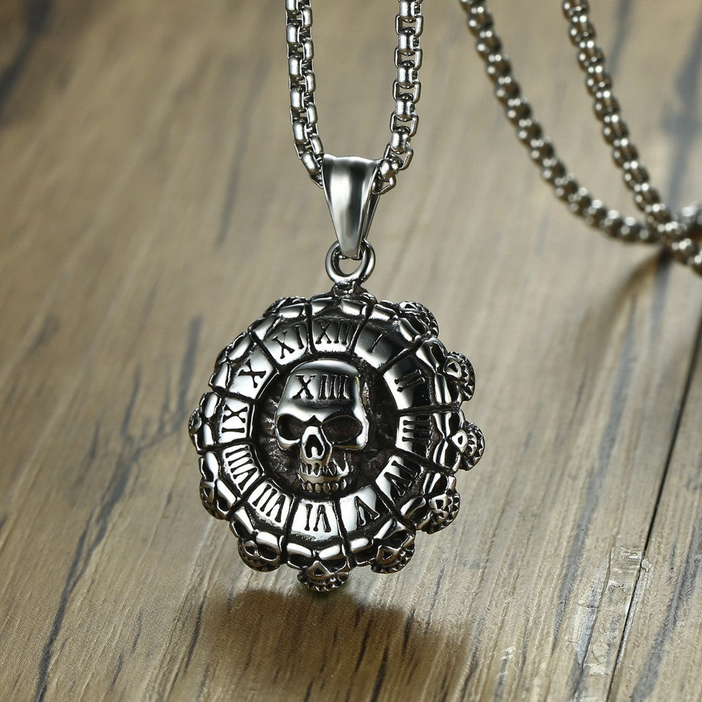 Men's Punisher Skull and Roman Numerals Pendant Necklace for Men Stainless Steel Vintage Style Punk Biker Male Jewelry 24 inch