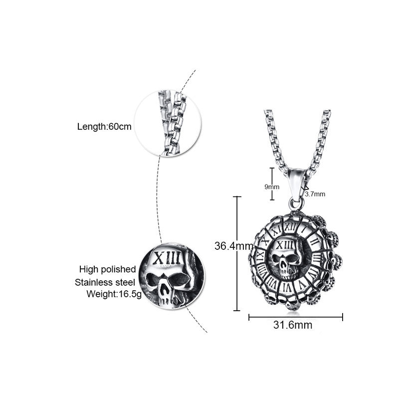 Men's Punisher Skull and Roman Numerals Pendant Necklace for Men Stainless Steel Vintage Style Punk Biker Male Jewelry 24 inch
