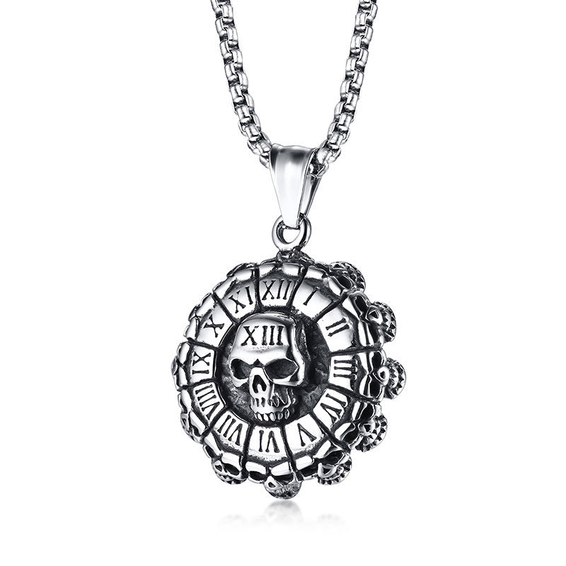 Men's Punisher Skull and Roman Numerals Pendant Necklace for Men Stainless Steel Vintage Style Punk Biker Male Jewelry 24 inch