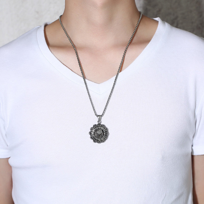 Men's Punisher Skull and Roman Numerals Pendant Necklace for Men Stainless Steel Vintage Style Punk Biker Male Jewelry 24 inch