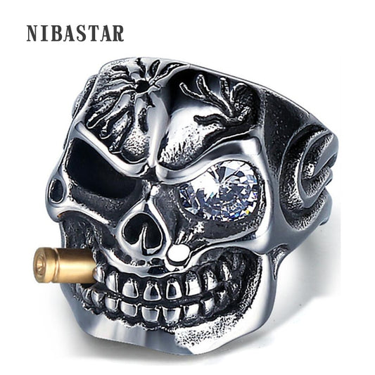 Men's Skull Biker Pirate Skeleton Rings Punk Stainless Steel With Crystal Male Retro Jewelry Decorations Accessor