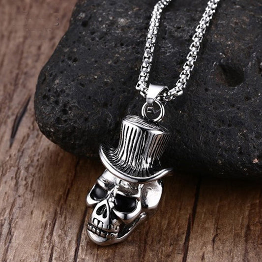 Men's Skull Wind Hat Gentleman Rock & Roll Cowboy Pendant Necklace Stainless Steel Vintage Punk Halloween Jewelry with 24inch