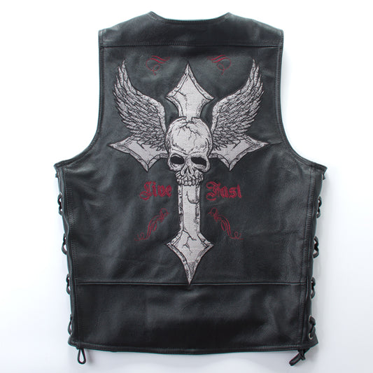 Men's punk style genuine leather vest withe skulls pattern motocycle leather vest men v-neck sleeveless cow leather jacket men
