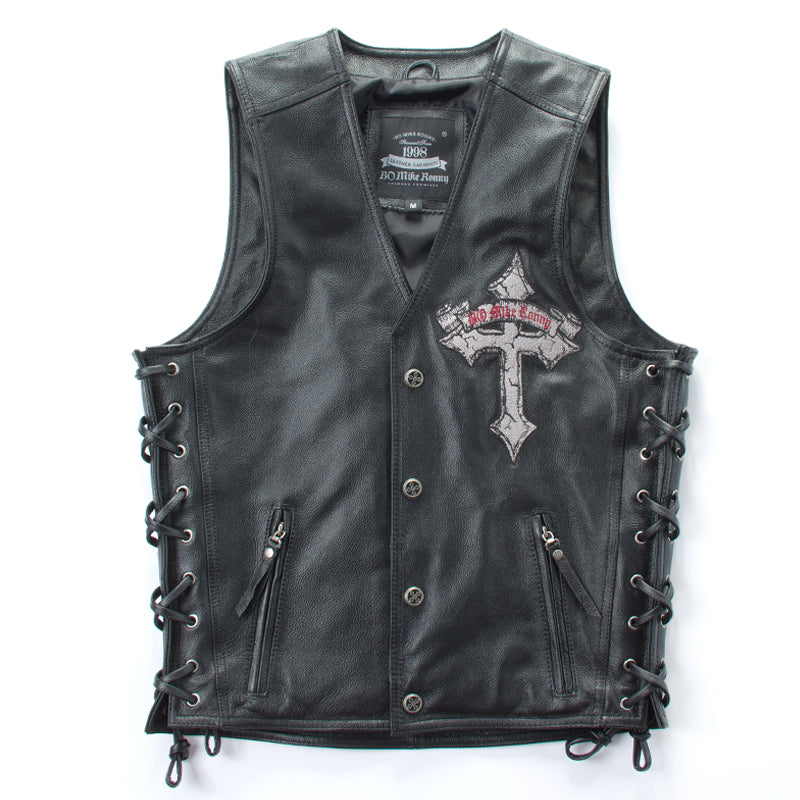 Men's punk style genuine leather vest withe skulls pattern motocycle leather vest men v-neck sleeveless cow leather jacket men