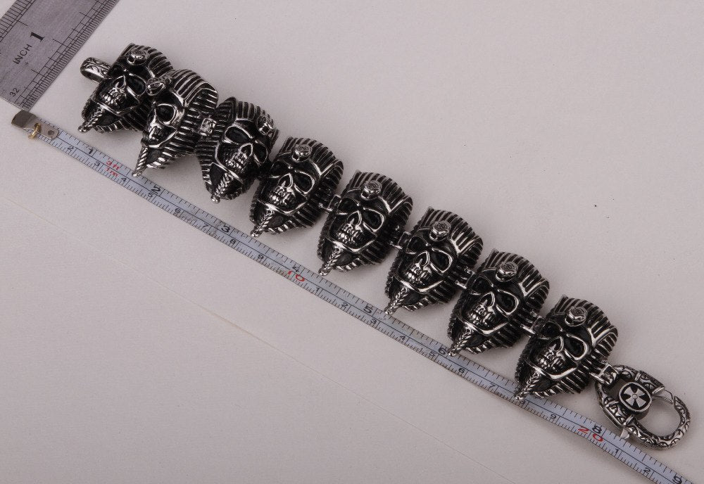 Men stainless steel skull bracelet 316L biker heavy punk jewelry silver tone cuff bangle 8.5"