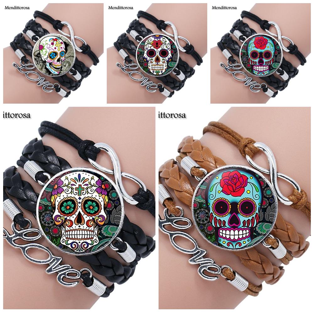 Mendittorosa Mexican Sugar Skull Color Jewelry With Glass Cabochon Multilayer Black/Brown Leather Bracelet Bangle For Women