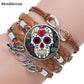 Mendittorosa Mexican Sugar Skull Color Jewelry With Glass Cabochon Multilayer Black/Brown Leather Bracelet Bangle For Women