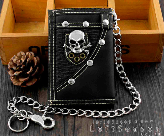 Mens Boys Trifold Casual Skull Wallet Money Purse With Jeans Pants Chain