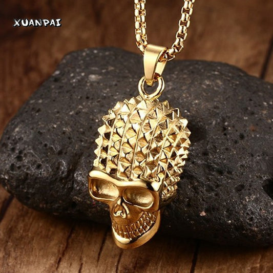 Mens Pyramid Spikes Skull Stainless Steel Pendant Necklace Gold-color Punk Rock Biker Halloween Jewelry Gift ,with 24 inch Chain