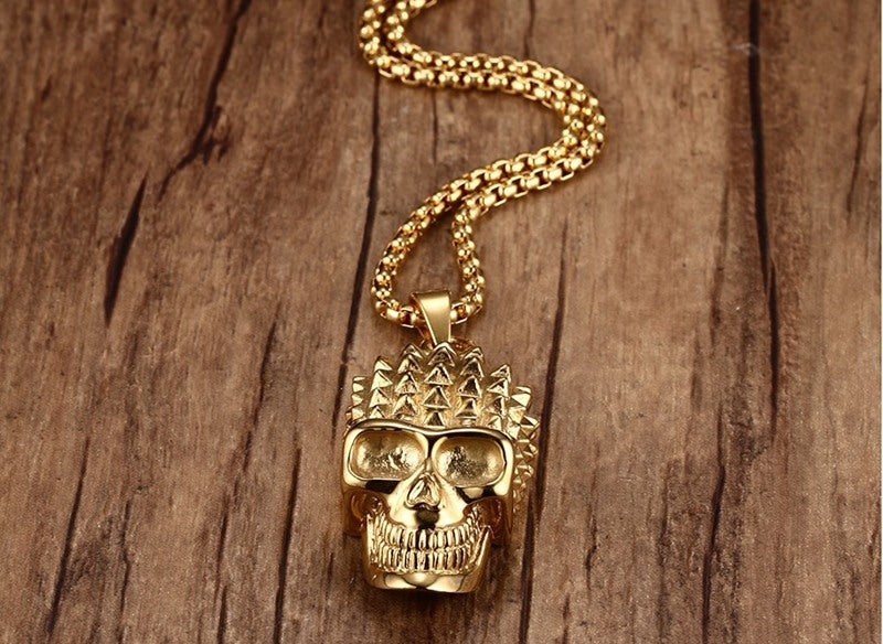 Mens Pyramid Spikes Skull Stainless Steel Pendant Necklace Gold-color Punk Rock Biker Halloween Jewelry Gift ,with 24 inch Chain