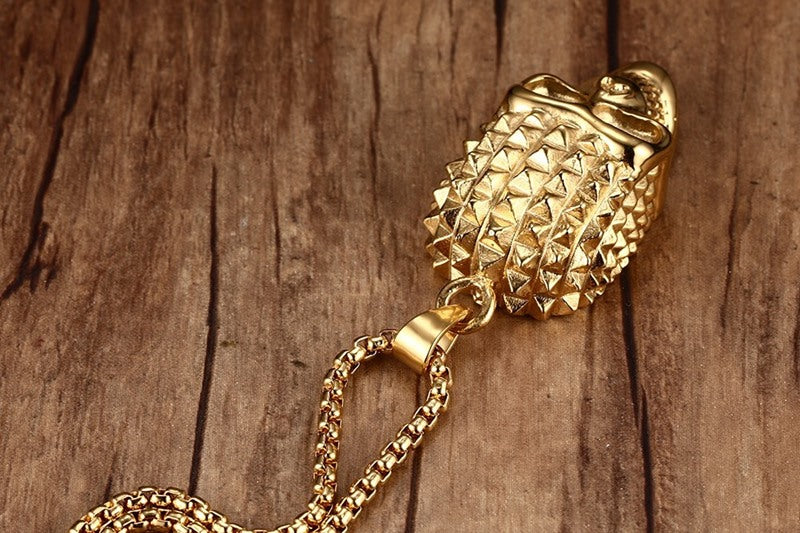 Mens Pyramid Spikes Skull Stainless Steel Pendant Necklace Gold-color Punk Rock Biker Halloween Jewelry Gift ,with 24 inch Chain