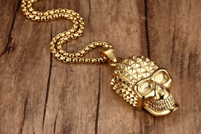 Mens Pyramid Spikes Skull Stainless Steel Pendant Necklace Gold-color Punk Rock Biker Halloween Jewelry Gift ,with 24 inch Chain