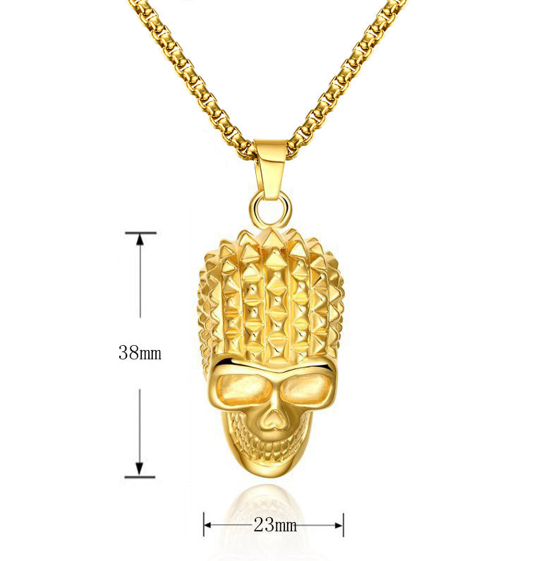 Mens Pyramid Spikes Skull Stainless Steel Pendant Necklace Gold-color Punk Rock Biker Halloween Jewelry Gift ,with 24 inch Chain