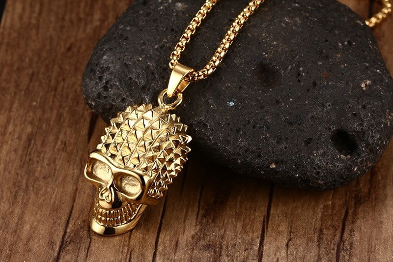 Mens Pyramid Spikes Skull Stainless Steel Pendant Necklace Gold-color Punk Rock Biker Halloween Jewelry Gift ,with 24 inch Chain