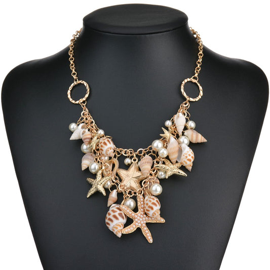 New Design High Quality Fashion  Big Bib Statement Chokers Seashells Starfish simulated pearl Necklaces For Women