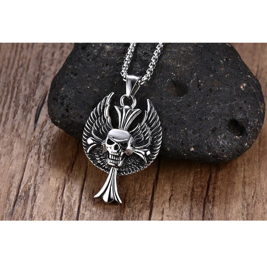 Mprainbow Mens Necklaces Stainless Steel Gothic Wing Skull Cross Pendant Necklace for Men  Hiphop Vintage Biker Choker Jewelry