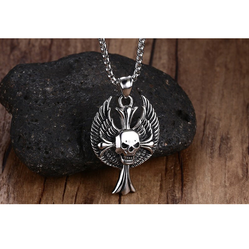 Mprainbow Mens Necklaces Stainless Steel Gothic Wing Skull Cross Pendant Necklace for Men  Hiphop Vintage Biker Choker Jewelry