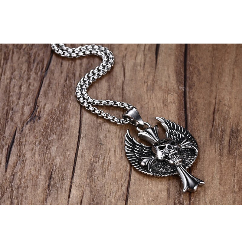 Mprainbow Mens Necklaces Stainless Steel Gothic Wing Skull Cross Pendant Necklace for Men  Hiphop Vintage Biker Choker Jewelry