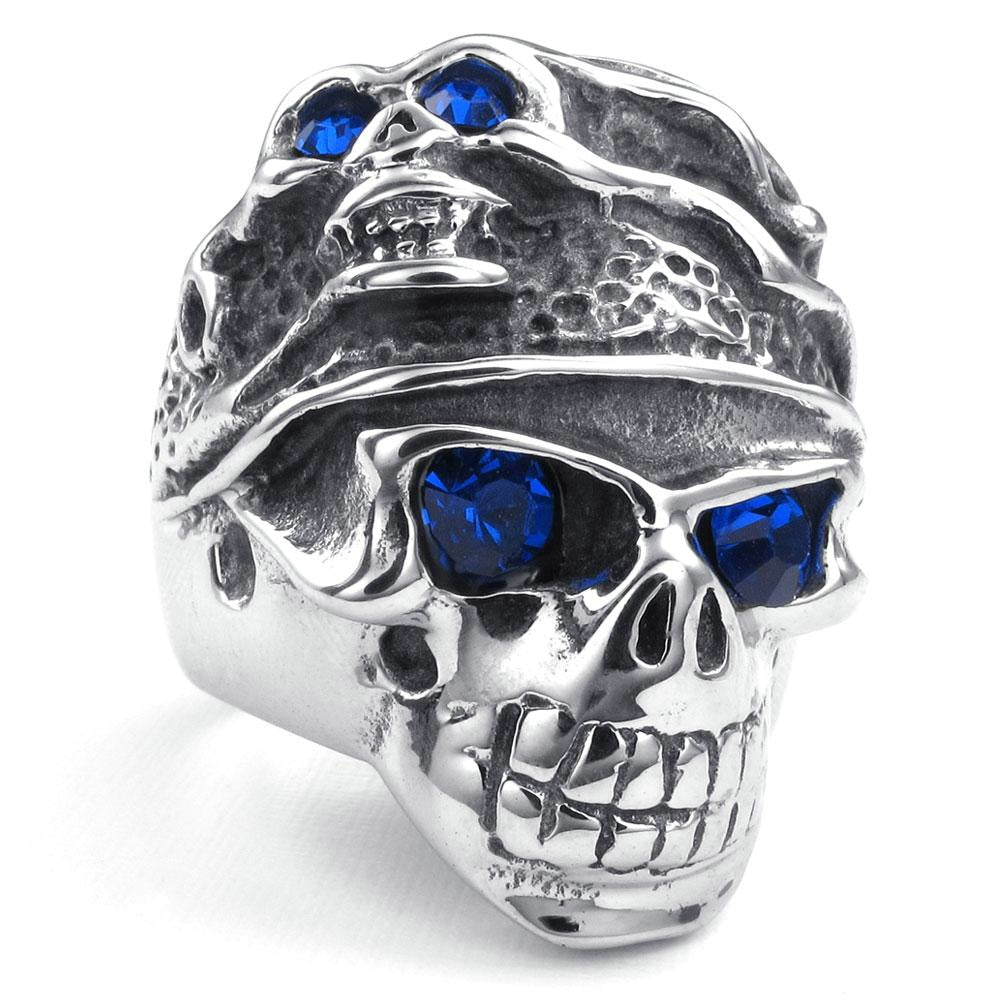 NEW Hot Selling Fashion Titanium Stainless steel Classic Retro Skull Men's Blue Zircon Ring US 7-13