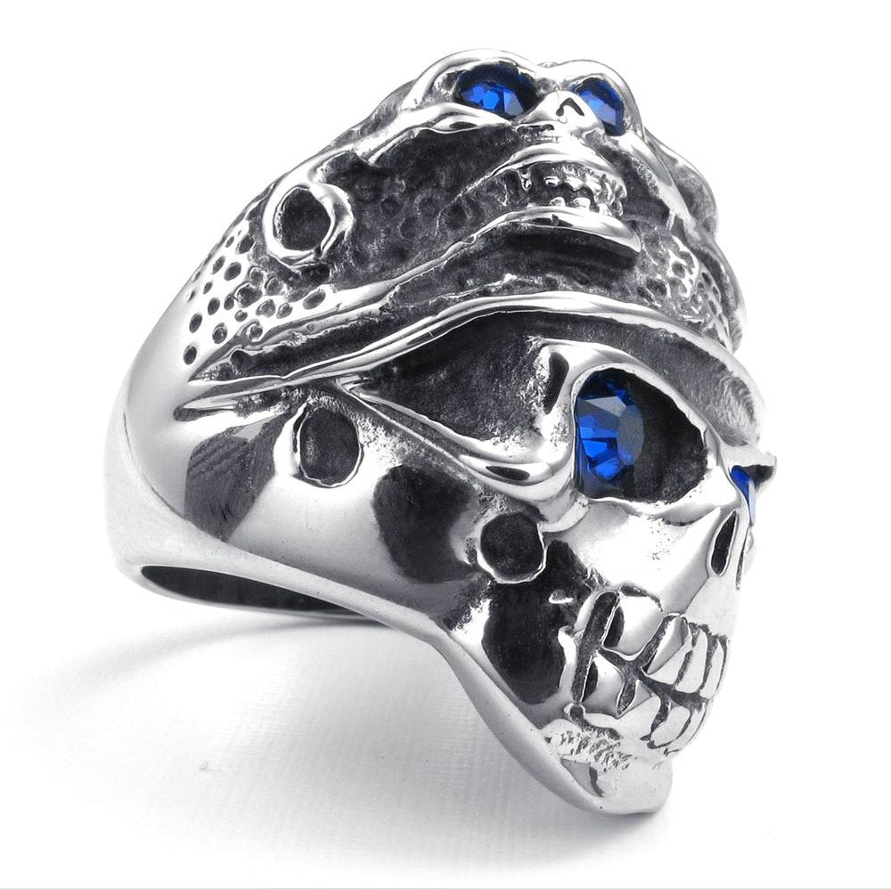 NEW Hot Selling Fashion Titanium Stainless steel Classic Retro Skull Men's Blue Zircon Ring US 7-13