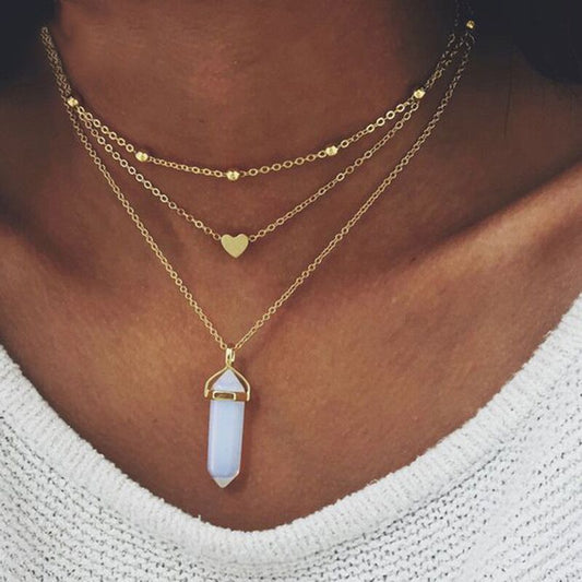Fashion Natural Stone Choker Necklace Hot Sale Trendy Heart Double Layers Gold-Color Chain Women Pendant Necklace