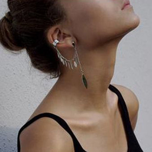New Fashion Women Girl Punk Rock Leaf Chain Tassel Dangle Cuff Earrings Charms Metallic Wrap Ear Cuff Earrings