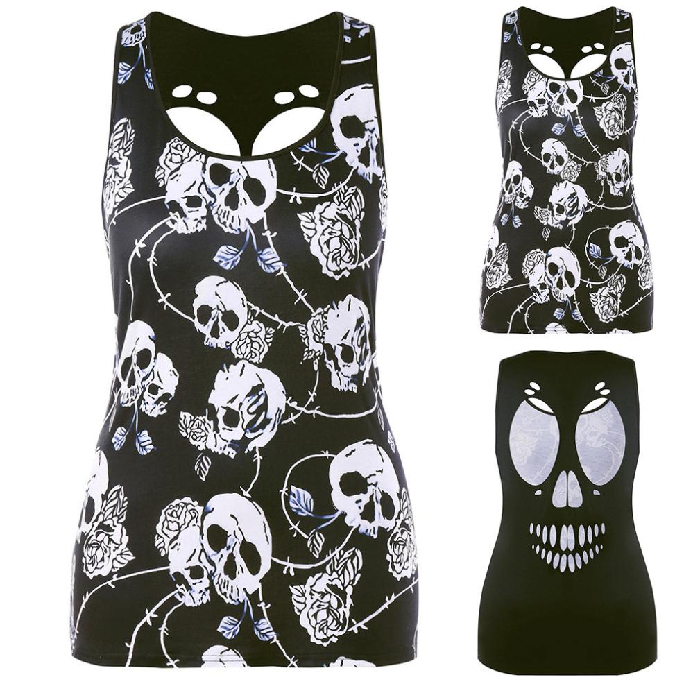 New Fashion Women Plus Size Skull Print Hole Hollow Out Sleeveless Black Creative design  Blouse Pullover Tops Shirt