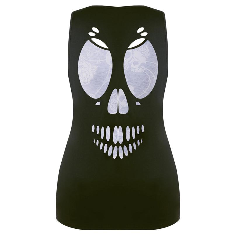 New Fashion Women Plus Size Skull Print Hole Hollow Out Sleeveless Black Creative design  Blouse Pullover Tops Shirt
