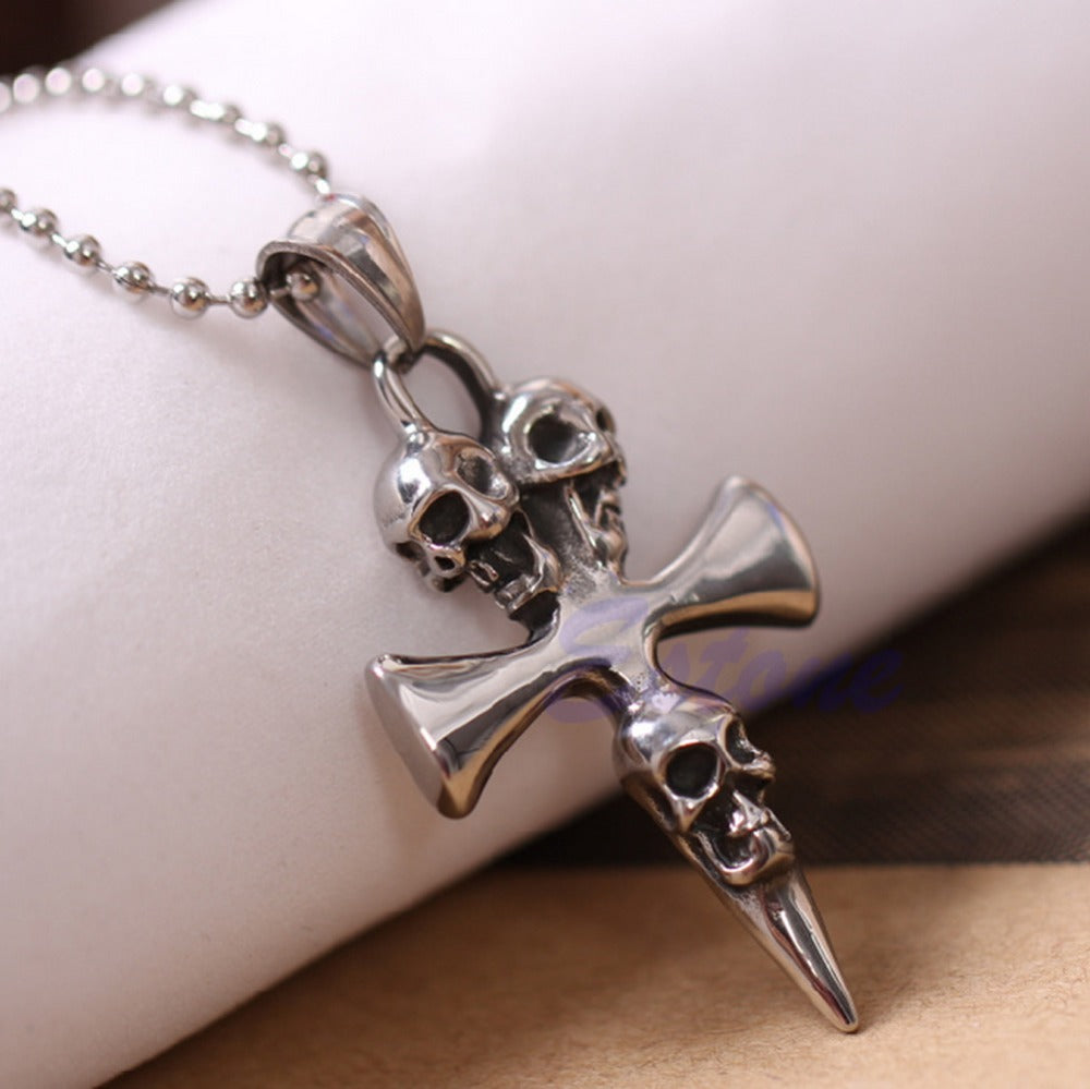 New Gift Unisex Men's Stainless Steel Skull Cross Biker Pendant Necklace Chain