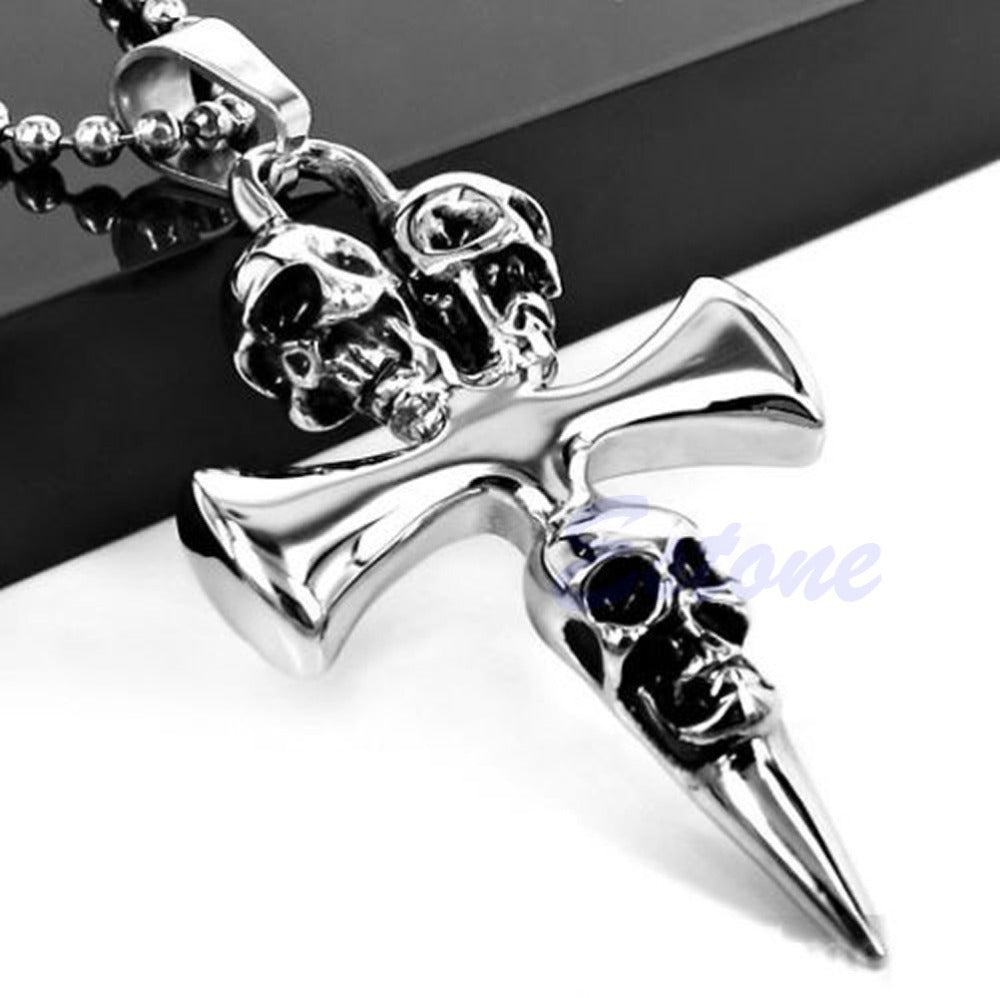 New Gift Unisex Men's Stainless Steel Skull Cross Biker Pendant Necklace Chain