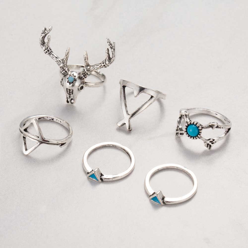 New Hot Bohemian Style 7pcs/Set Vintage Anti Silver Rings Moosehead Arrows Lucky Rings Set for Women Party