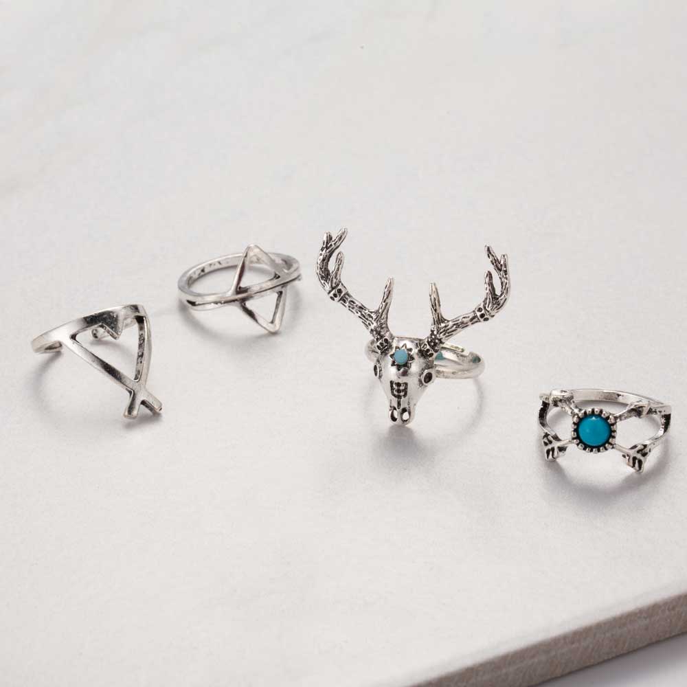 New Hot Bohemian Style 7pcs/Set Vintage Anti Silver Rings Moosehead Arrows Lucky Rings Set for Women Party