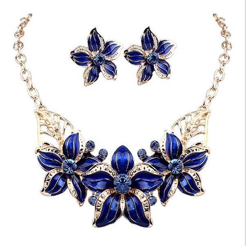New Jewelry Sets Necklace Earrings Crystal Enamel Flower African Maxi Statement Jewelry Wedding Bridal Pendant Dress Accessories