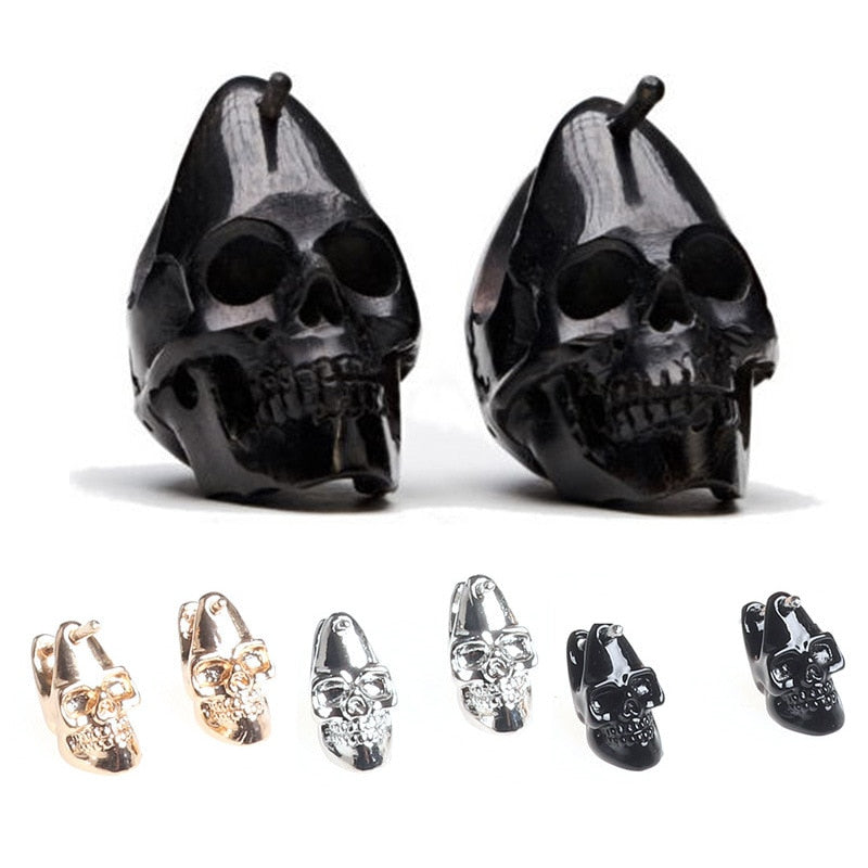 New Steampunk Gold/Black/Rhodium Color Skull Stud Earrings