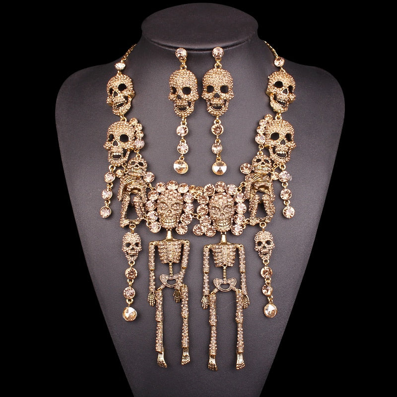 New White Skeleton sugar skull Statement Necklace Earrings Sets
