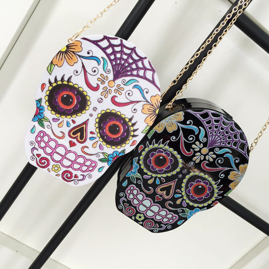 New arrival fashion personality skull pattern painted black & white acrylic Party Clutch shoulder bag ladies handbag flap purse