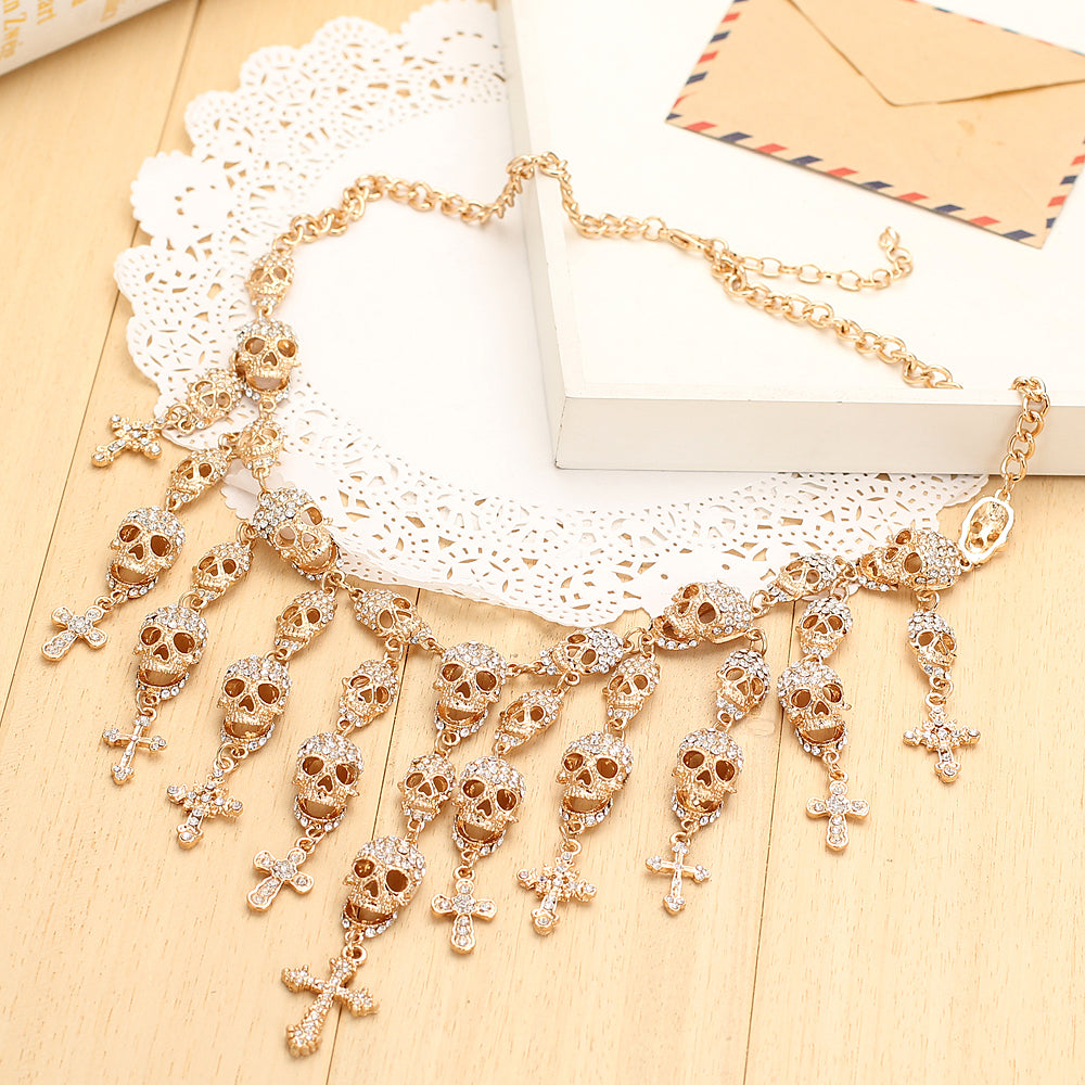 Newest Gorgeous Fashion  Necklace Skeleton skull Cross Jewelry crystal Department Statement Women Choker Necklaces Pendants