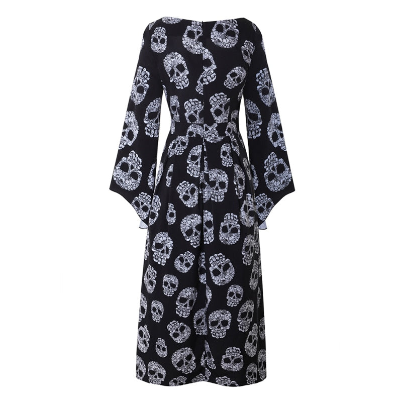 Women Fashionable Pin up Long Flare Sleeve Square Collar Sugar Skull Print Halloween Party Clothing Maxi Dress elegant